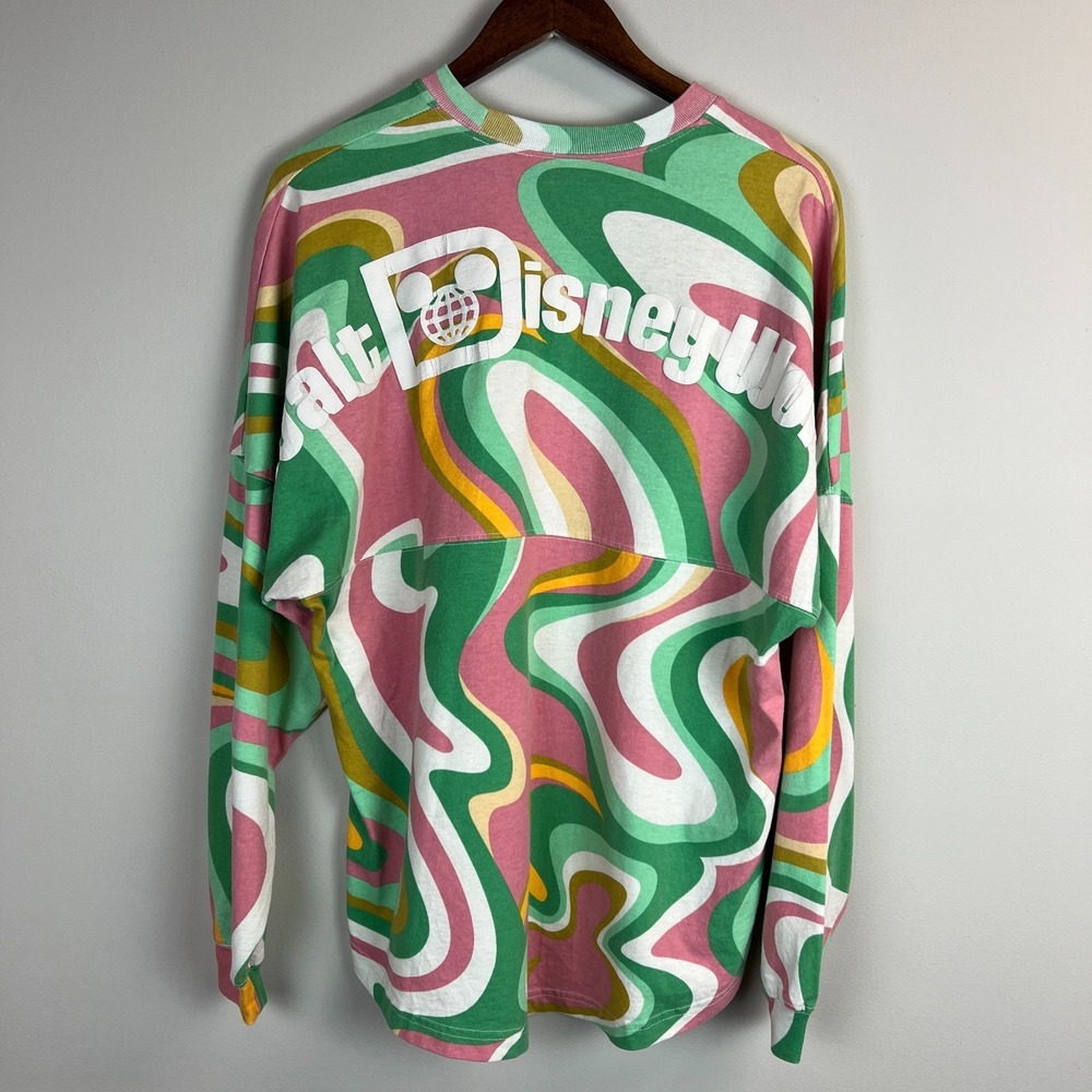 Walt Disney World Spirit Jersey Womens Medium Pink Green 70s Swirl Long Sleeve M